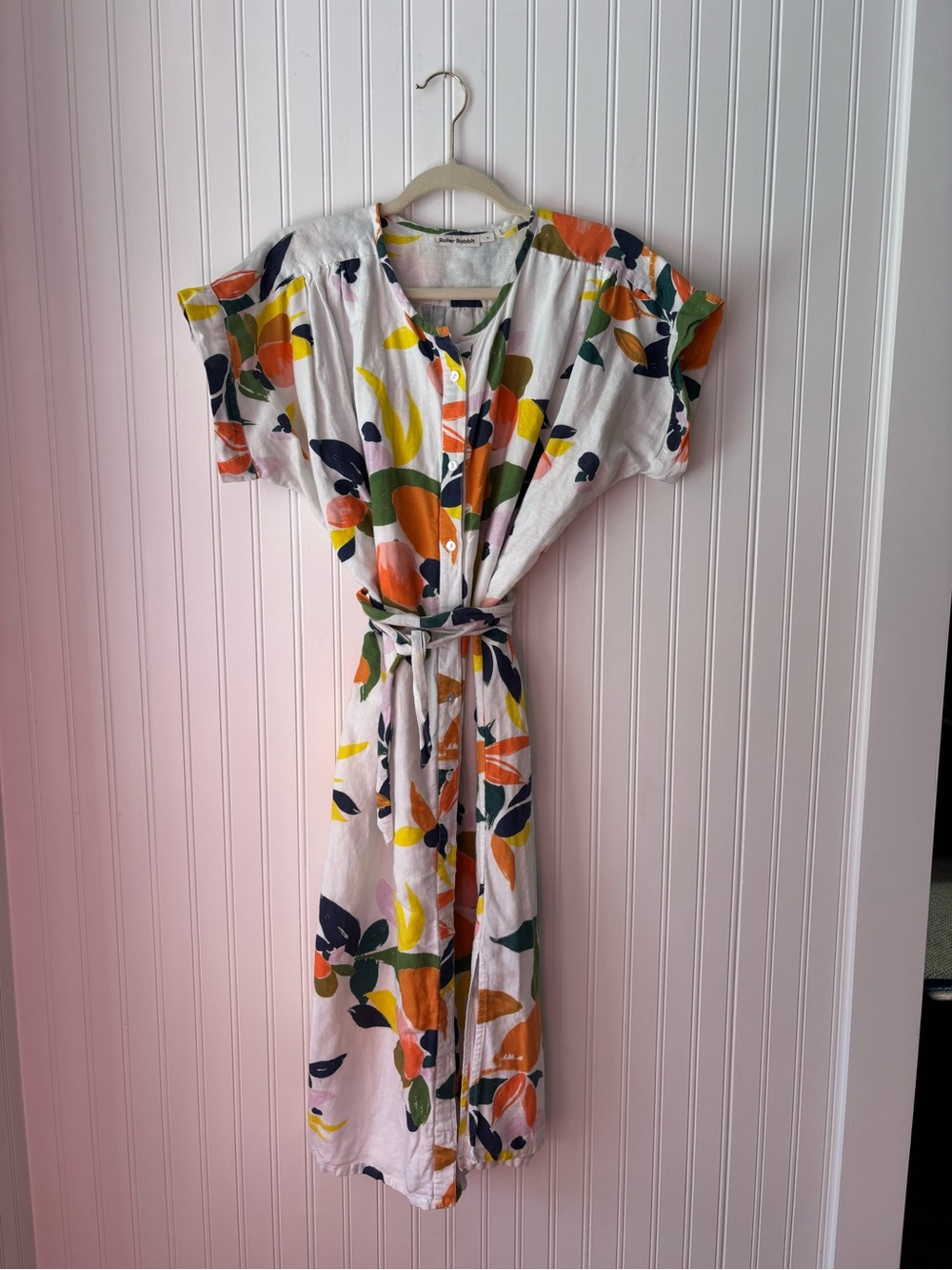 ROLLER RABBIT CitrusPrint Midi Dress in White with Multicolor Leaves